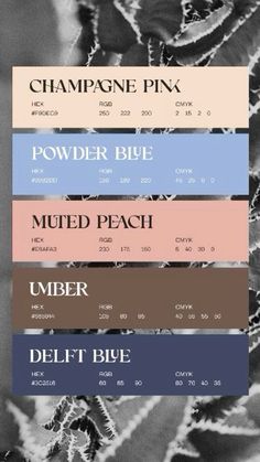 the color scheme for different plants in black and white, with text that reads powder blue, muded peach, umber delft blue