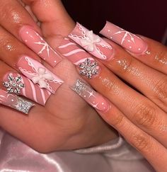 Winter Y2k Nails, Short Pink Christmas Nails, Christmas Bling Nails, Pink Christmas Nails Short, Basic Nails, Xmas Nails, Stiletto Nails, Nails Ideas