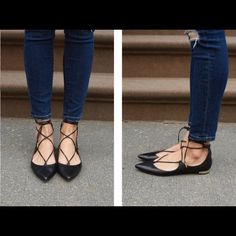 Leather Pointy Toes Lace Up Worn Soles Aquazzura Flats, Fancy Flats, Aquazzura Shoes, Lace Flats, Lace Up Flats, Shoe Repair, Only Shoes, Fancy Pants, Pointed Toe Flats