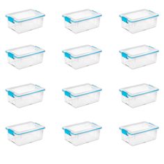 twelve plastic storage containers with lids and blue trimmings on the sides, set of 12