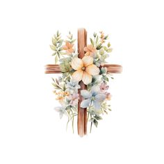 a cross decorated with flowers and leaves on a white background, watercolor drawing or illustration