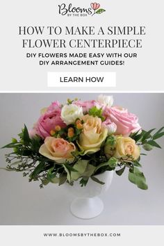 a white vase filled with pink and yellow flowers next to the words how to make a simple flower centerpiece