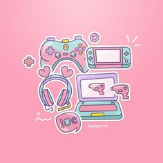 a pink background with different types of electronic devices and accessories in the shape of a heart