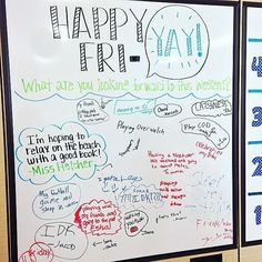 two whiteboards with writing on them in front of a bulletin board that says happy friday and what are you doing about this weekend?