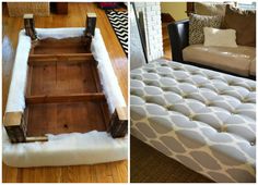 two pictures show the inside of a mattress and how it is placed in front of a couch