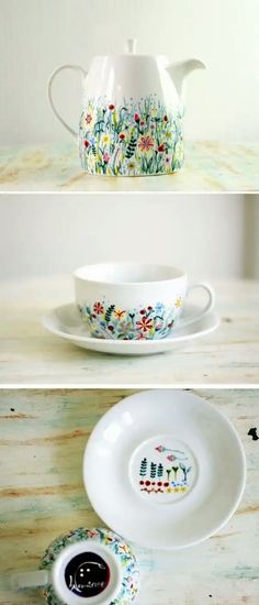 three different views of the same tea pot and saucer, one with flowers on it