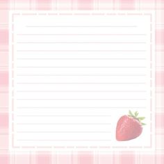 a pink and white checkered background with a strawberry on it's side, next to a blank paper for writing