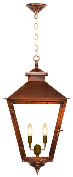 an old fashioned hanging light fixture with two lights on the front and back side of it