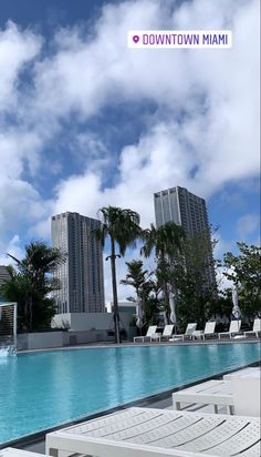 an empty swimming pool with lounge chairs and palm trees in the foreground, downtown miami