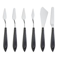 five different sized spatulas with black handles and silver blades on each one side