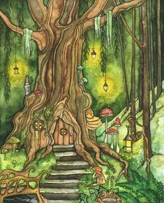 a painting of a tree with stairs leading up to it and mushrooms growing on the ground