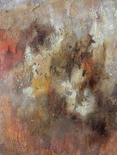 an abstract painting with brown, red and yellow colors on the bottom half of it