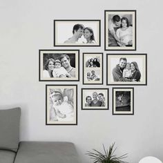 black and white photo collage with family photos hanging on the wall next to a chair