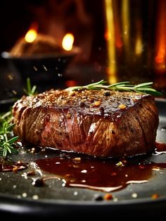 a piece of steak on a plate with sauce and rosemary sprinkled around it