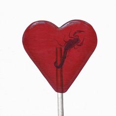 a red heart shaped lollipop with a scorpion on it's stick in front of a white background