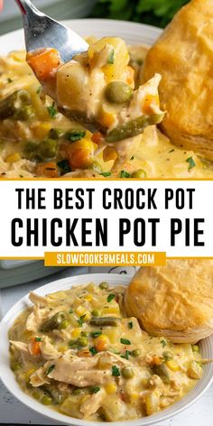 Close up of Crock Pot chicken pot pie in a white bowl and on a fork. Pot Pie Chicken, Pie Chicken, Crockpot Chicken Pot Pie, Pot Pies Recipes, Chicken Pot Pie Recipes, Dinner Healthy