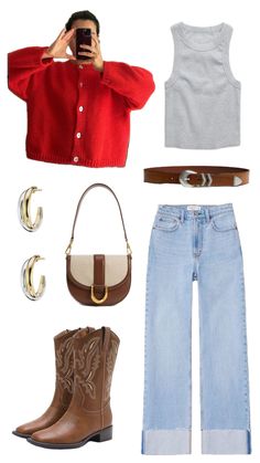 @maryreinaker coastal cowgirl, classy outfit, cowgirl boots, red cardigan, red outfit, mixed metals, cowgirl aesthetic Red Cowgirl Boots Outfit, Classy Cowgirl Outfits, Outfit Cowgirl, Red Cowgirl Boots, Cowgirl Boots Outfit, Classy Cowgirl, Cowgirl Outfit, Cowgirl Aesthetic, Thrifted Outfits