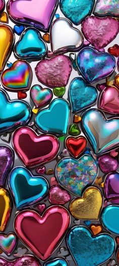 many different colored hearts are arranged in the shape of heart shaped glass pieces, all on top of each other