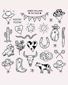 a black and white drawing of various tattoos on a pink background with the words amber williams