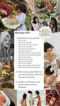 a collage of photos with women in white dresses and flowers on the bottom right side