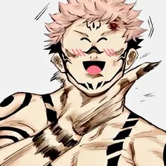 an anime character with pink hair and black and white stripes on his chest is making a funny face