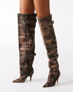 BADDIE Brown Distressed Over-The-Knee Moto Boot | Women's Boots – Steve Madden Designer Brown Knee-high Boots, Luxury Brown Knee-high Boots With Stacked Heel, Statement Boots, Brown Knee-high Boots With Reinforced Heel, Luxury Brown Snip Toe Knee-high Boots, Resale Clothing, Luxury Brown Ankle-high Moto Boots, Leather Socks, 5 Inch Heels