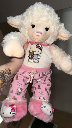 a stuffed animal with hello kitty on it's shirt and pants is posed for the camera