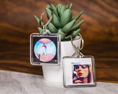 two key chains with pictures on them sitting next to a potted plant