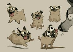 a bunch of cartoon pug dogs with different expressions on their faces and body, all looking at the same person's camera