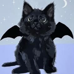 a painting of a black cat with large wings sitting in front of a moon and stars background