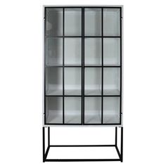 an open bookcase with glass doors on the front and bottom, against a white background