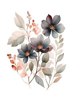 flowers and leaves are painted on a white background with blue, pink and grey colors