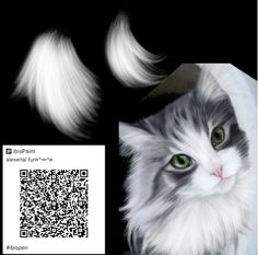 a white and black cat with green eyes next to a qr code for the image