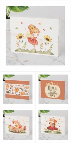 four different boxes with pictures of flowers and animals on the front, two are empty