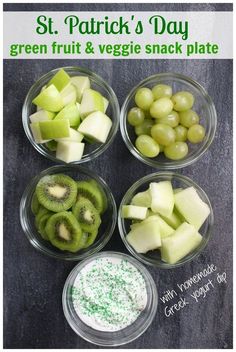 four glass bowls filled with green fruit and veggies