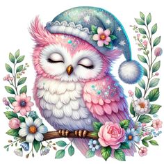 an owl wearing a santa hat sitting on a branch with flowers and leaves around it