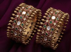 Navrathan Jewellers, Antic Jewellery, Temple Jewellery Earrings, Stone Bangles, Wedding Jewelry Sets Bridal Jewellery, Ruby Bangles, Bangle Design, Celebrity Bride, Antique Necklaces Design