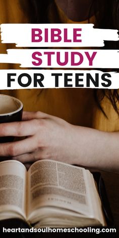 the bible study for teens with hands holding an open book and cup of coffee in front of it