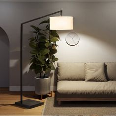 a living room with a couch, lamp and potted plant on the floor next to it