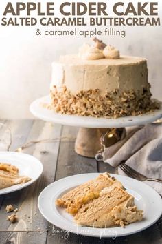 two white plates topped with cake next to each other on top of a wooden table