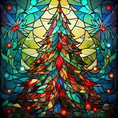 a stained glass window with a christmas tree in the center and lights on it's sides