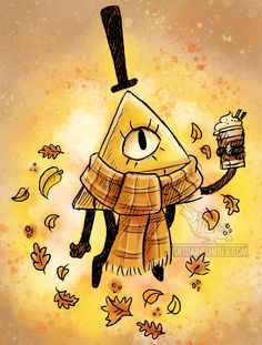 a drawing of a cartoon character holding a cup of coffee and wearing a scarf with an eye on it