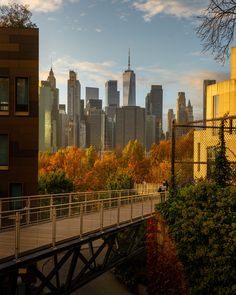 the city skyline is seen behind a bridge