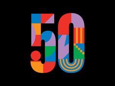 the 50th anniversary logo is shown on a black background with multicolored letters and numbers