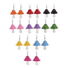 a bunch of different colored lights hanging from hooks