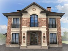 a large brick house with two story windows and a clock on the side of it