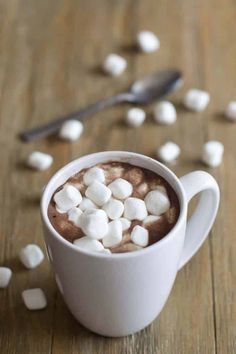 hot chocolate with marshmallows in a white cup