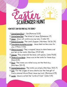 an easter scavenger hunt is shown in pink and yellow with the words, easter scavenger hunt