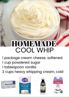 the recipe for homemade cool whip is shown in this advertise, with an image of