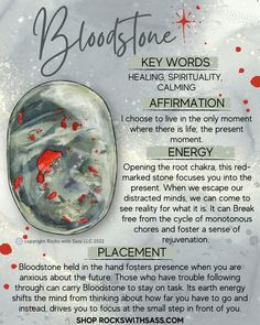 Approximate size: 2”-2.5” - 0.18-0.27lbs KEY WORDS: HEALING, SPIRITUALITY, CALMING ENERGY: Opening the root chakra, this red-marked stone focuses you into the present. When we escape our distracted minds, we can come to see reality for what it is. In effect, Bloodstone brings you out of your thoughts that loop you into routine. It can break free the cycle of monotonous chores and foster a sense of rejuvenation. Infusing presence with power, Bloodstone takes you from stumbling around to striving Bloodstone Crystal Meaning, Dragons Blood Crystal Meaning, African Bloodstone Meaning, Bloodstone Properties, Bloodstone Meaning, The Root Chakra, Bloodstone Pendant, Blood Stone